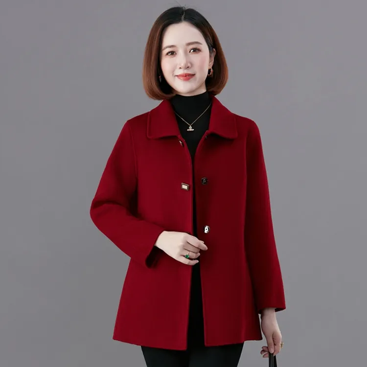 羊毛妈妈双面呢大衣红色新款秋冬喜婆婆妈妈装2025新款爆款毛呢
