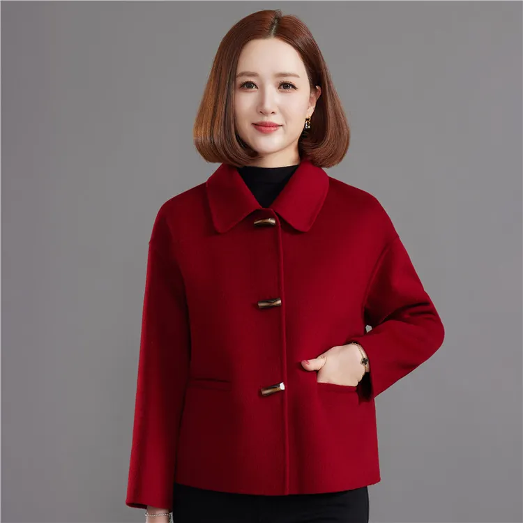 100羊毛中年女羊呢大衣短款小个子喜婆婆妈妈婚宴装双面绒外套
