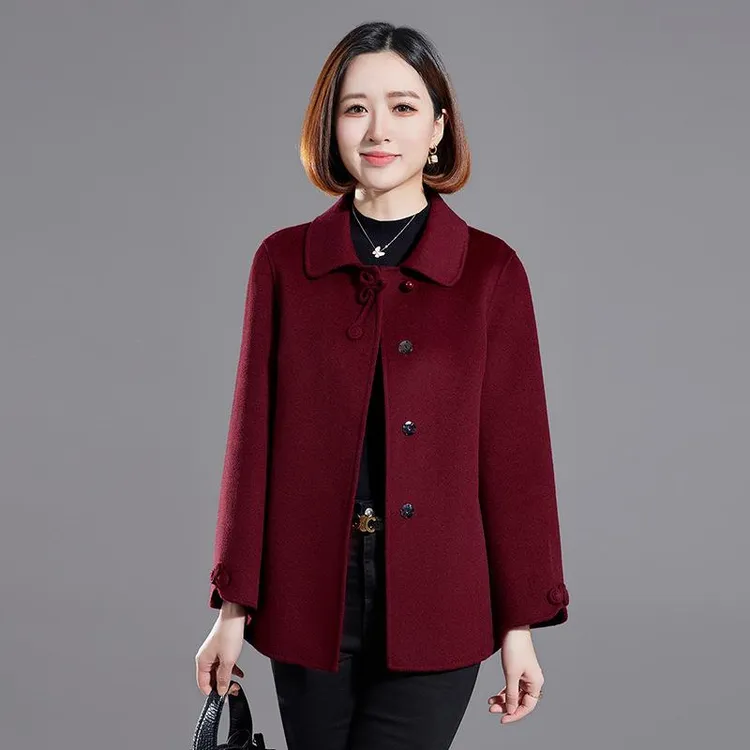 100羊毛妈妈双面呢外套红色老太太60岁50中老年女秋冬毛呢大衣