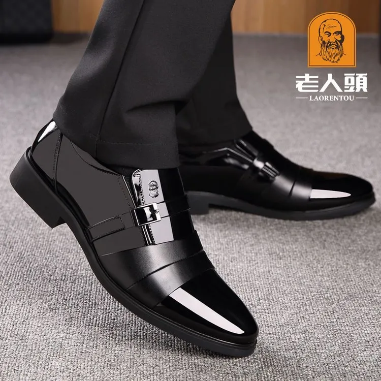老人头男鞋真皮透气商务正装皮鞋男款三接头软底尖头增高男士婚鞋