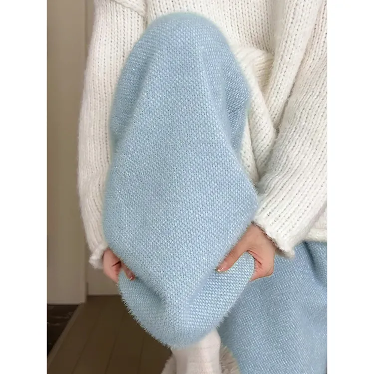 蓝色水貂绒针织糯米阔腿裤女秋冬新款加绒加厚高腰垂感遛弯休闲裤