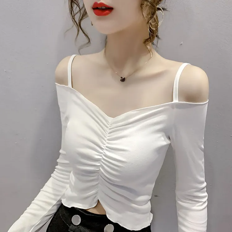 性感吊带长袖打底衫露肩一字领木耳边短款上衣设计感小心机T恤女