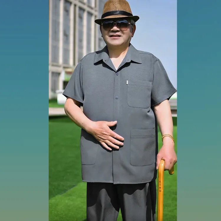 多口袋夏季薄款中老年套装男士宽松大码衬衫爷爷装老人松紧腰长裤