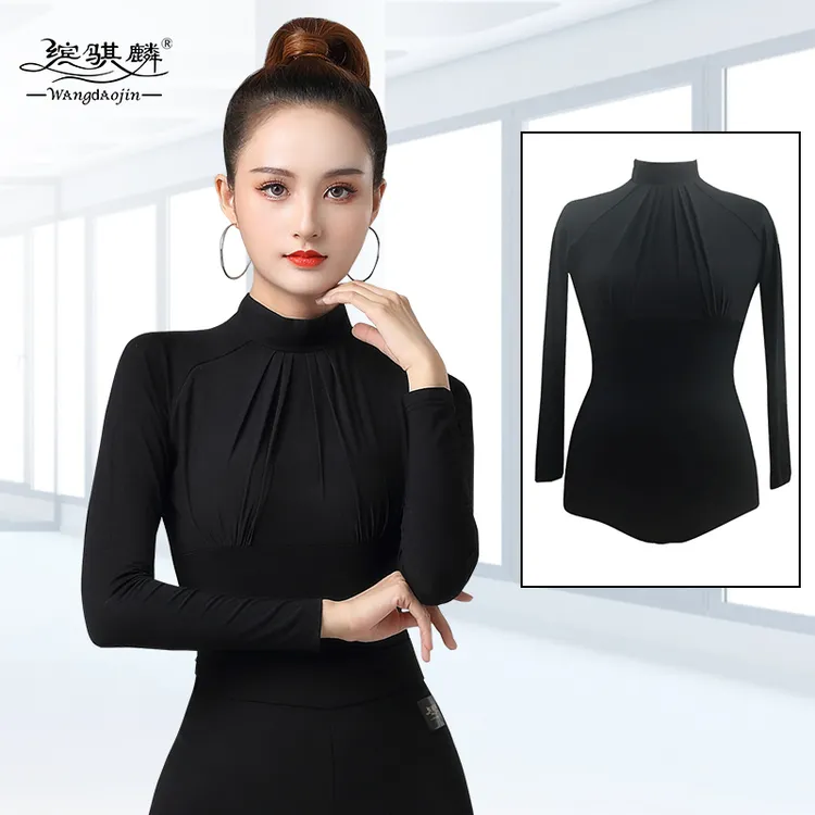 拉丁舞上衣女国标舞新款长袖成人舞蹈练功服高领摩登舞修身连体衣