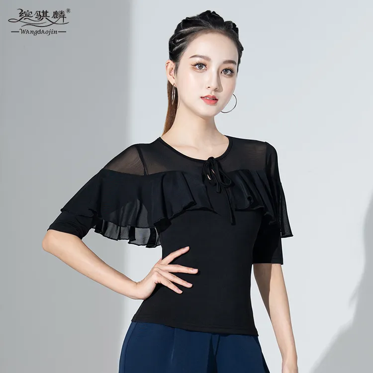 缤骐麟拉丁舞上衣女新款练功服摩交谊舞登网纱荷叶舞蹈服国标舞衣
