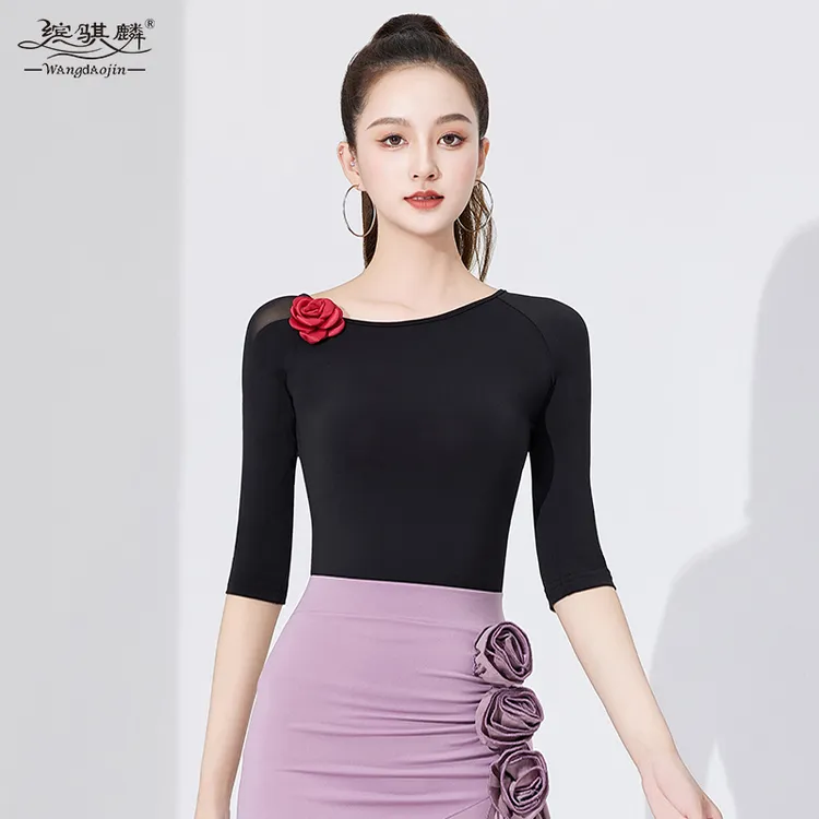 拉丁舞练功服上衣女成年中袖舞蹈跳舞训练服新款国标摩登舞演出服