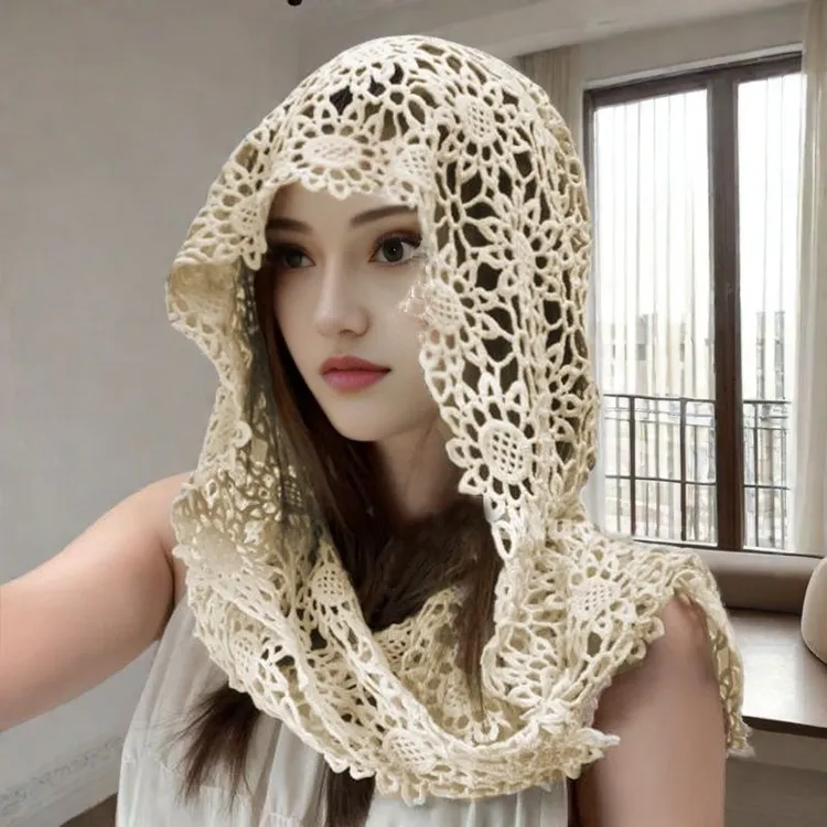 洋气时尚女士四季镂空包头多用披肩帽照相神器钩花镂空帽子