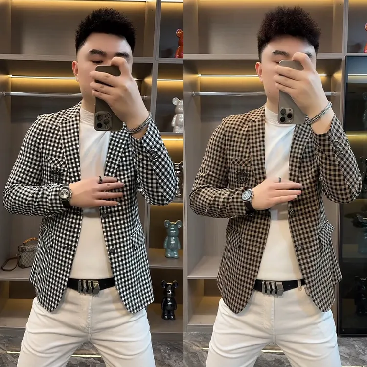 欧货商务休闲小西服男士秋季高级感撞色格子上衣韩版舒适修身外套