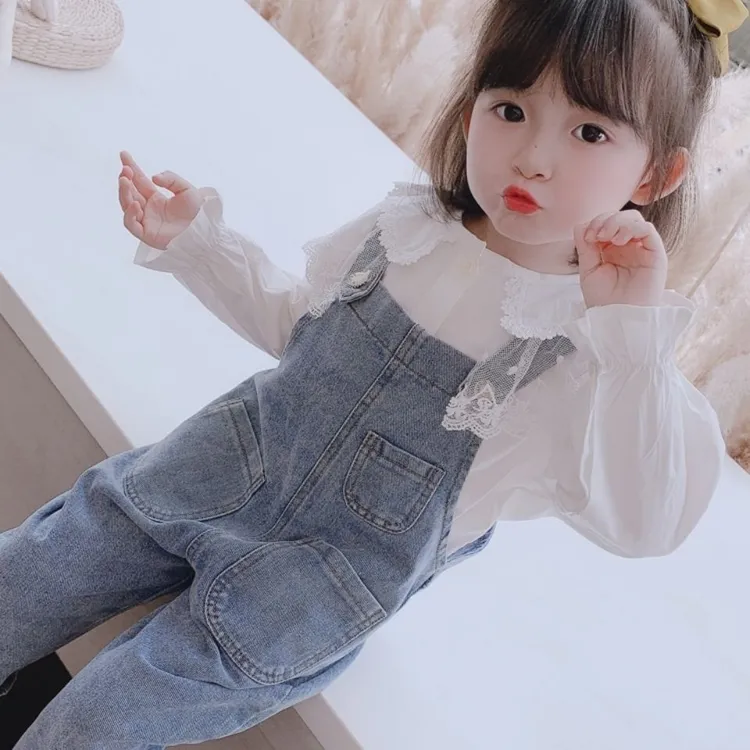 女童春装牛仔套装背带裤春秋女宝宝网红小童洋气儿童2024新款