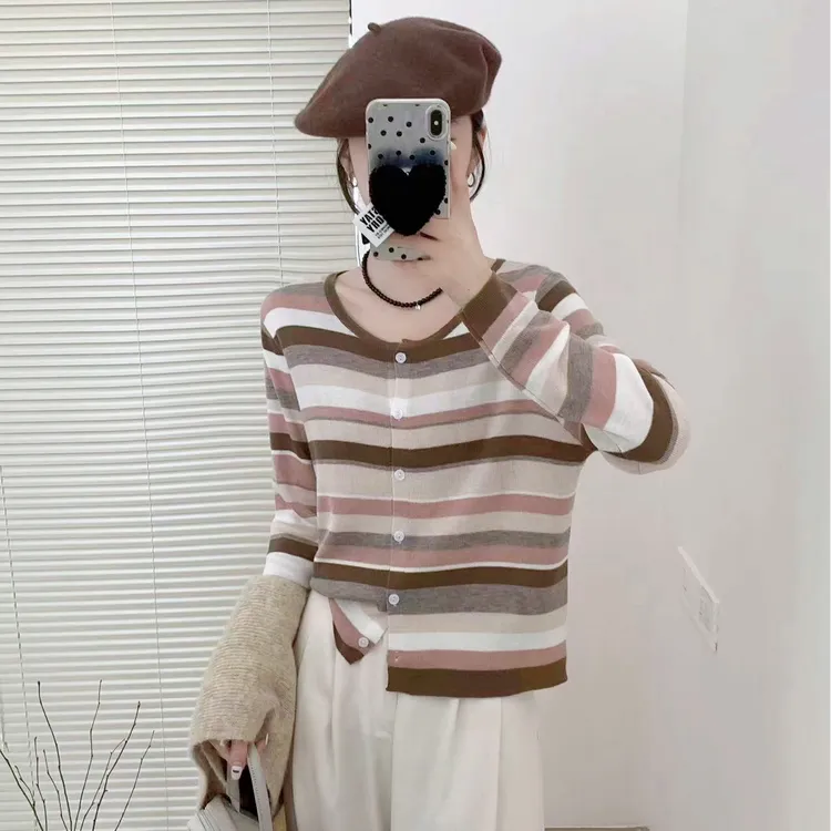 W285现货撞色条纹长袖开衫外套女2024秋新款洋气微宽松时尚女T恤