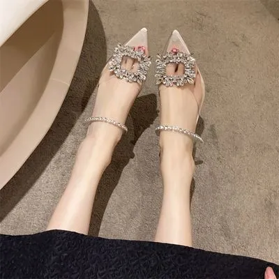 水晶高跟鞋女细跟包头半拖凉鞋夏季尖头透明水钻一字带配裙子凉拖