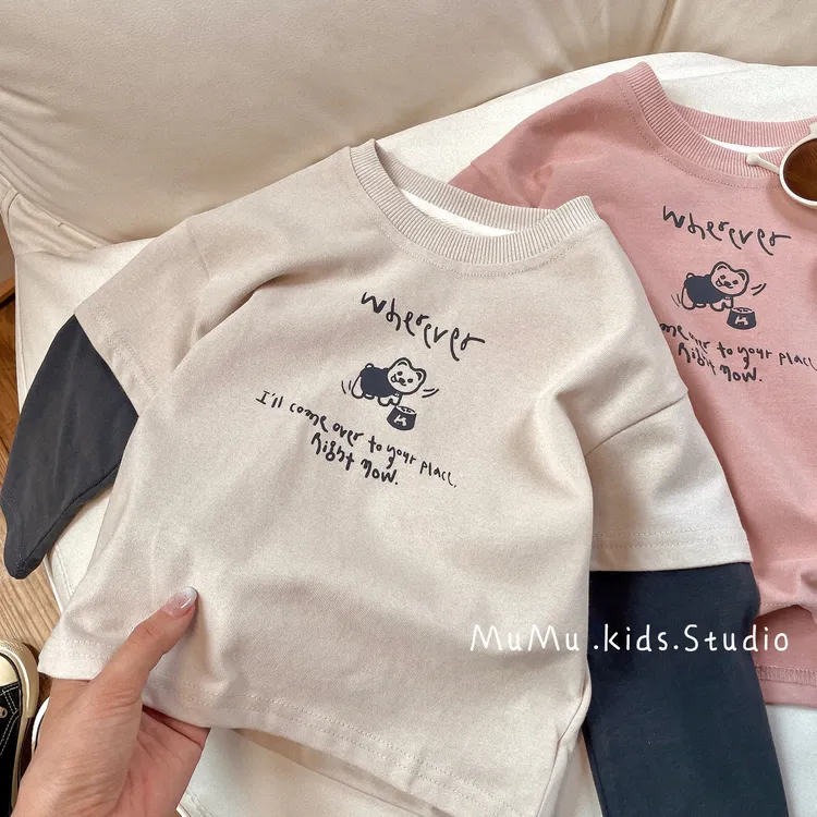 【阿沐家童品】洋气宝宝秋装打底衫男小童韩版卡通休闲拼接袖T恤