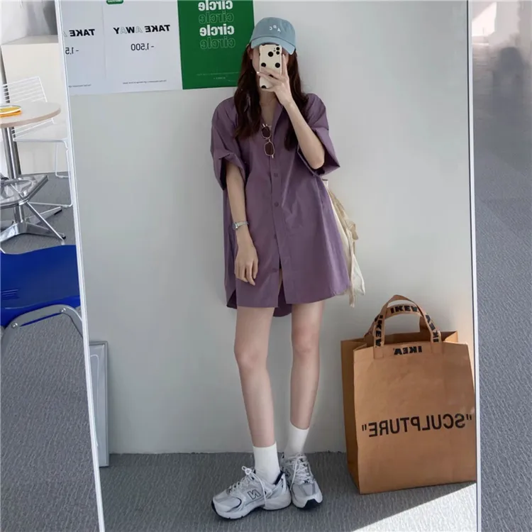 夏季新款大码胖MM宽松oversized显瘦衬衫裙中长款短袖廓形衬衣女