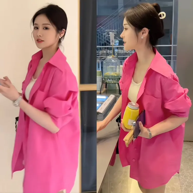 玫粉色衬衫女夏季新款高级感气质显瘦宽松百搭休闲大版衬衫女款