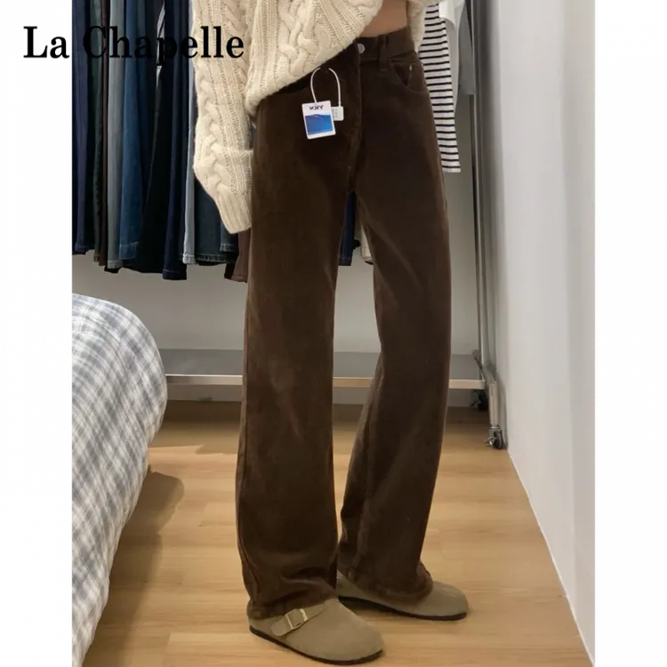 拉夏贝尔灯芯绒裤子女复古高腰洋气休闲小个子咖色直筒裤通勤裤子