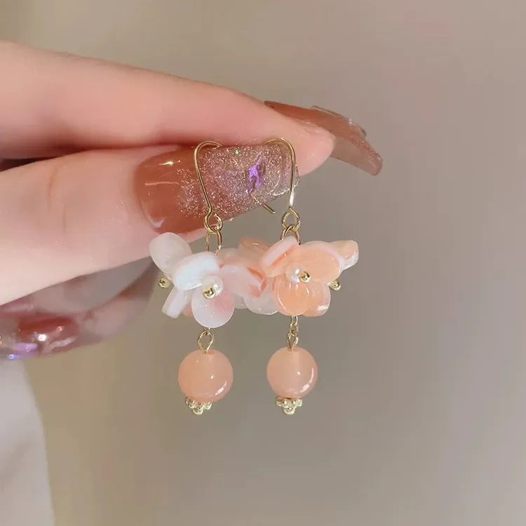 铜合金耳饰 53 新中式古风独特设计仙气温柔风橘色花朵耳饰