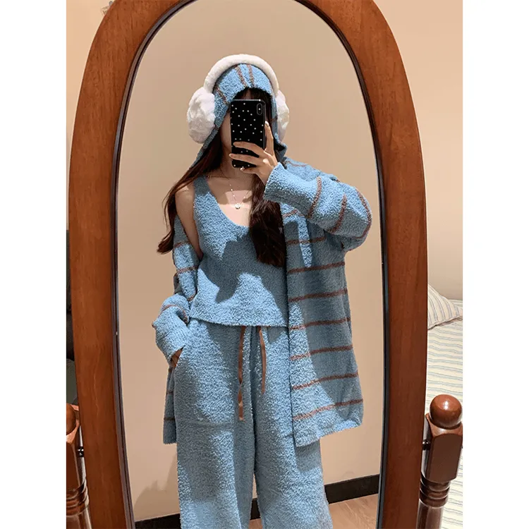 条纹连帽半边绒睡衣女冬季新款时尚三件套加厚毛绒保暖家居服套装