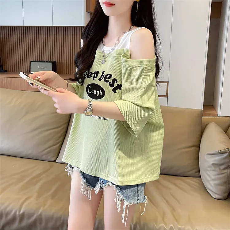 假两件露肩设计感短袖T恤女夏季新款韩版宽松洋气显瘦华夫格上衣