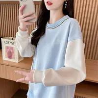 小众设计感圆领薄款卫衣女中长款韩版宽松春秋新款百搭撞色上衣潮