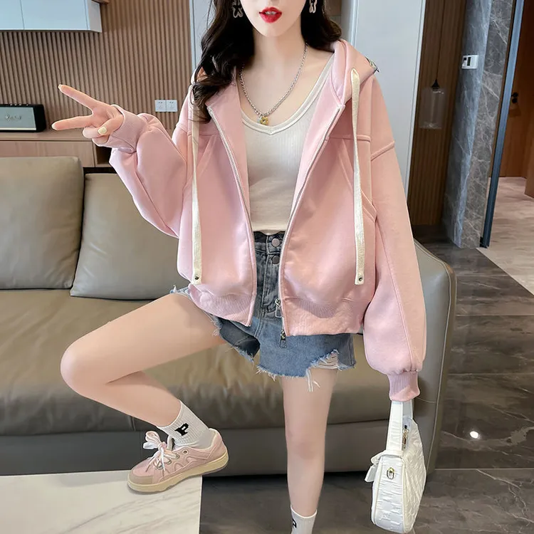 简约风连帽开衫薄款/加绒卫衣女短款小个子韩版宽松春秋冬上衣ins