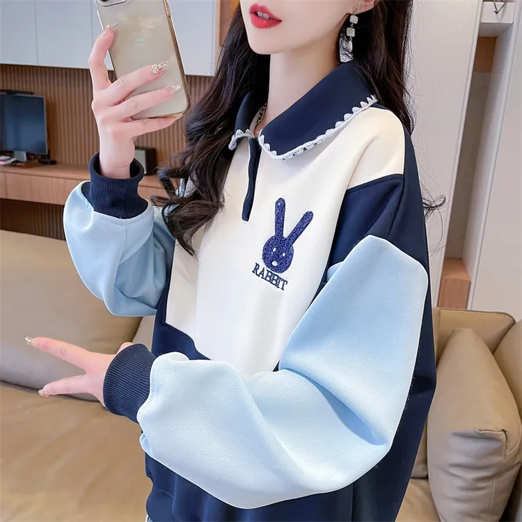 学院风撞色polo领卫衣女春秋冬薄款/加绒韩版宽松减龄洋气上衣ins