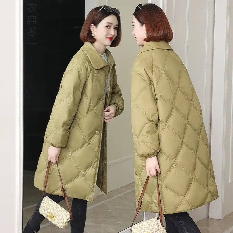 羽绒服女款中长款冬季新款时尚气质菱格中年小个子白鸭绒冬天外套