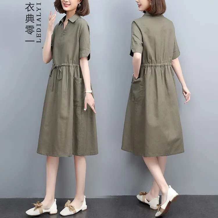棉麻连衣裙2025夏季女装新款中年休闲遮肚子显瘦亚麻衬衫裙子夏天
