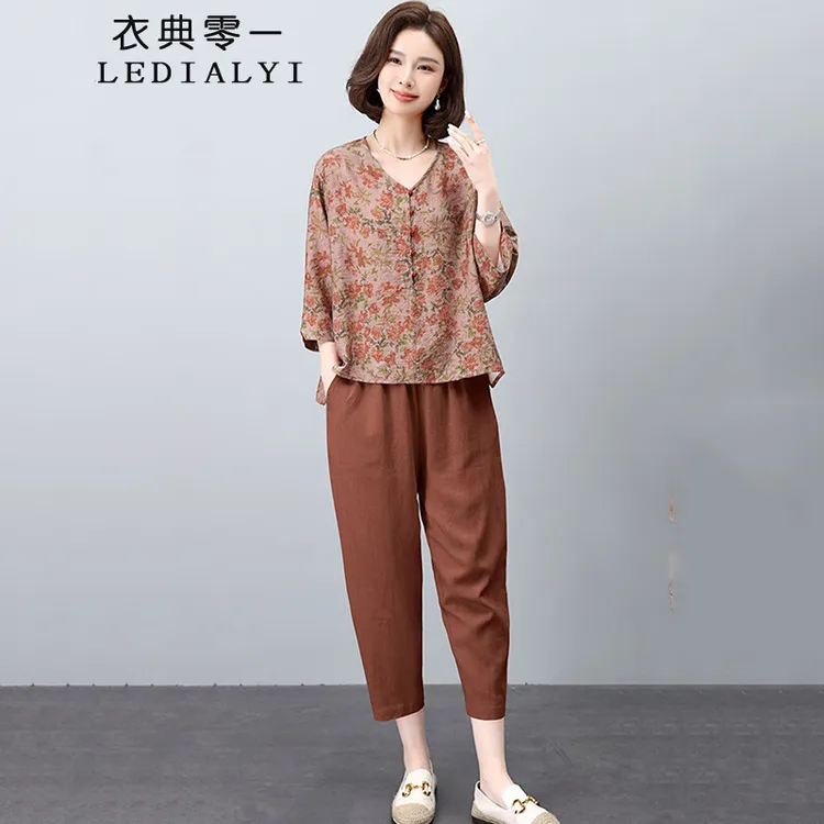 洋气休闲套装女夏季妈妈装七分袖上衣亚麻裤子穿搭一整套两件套