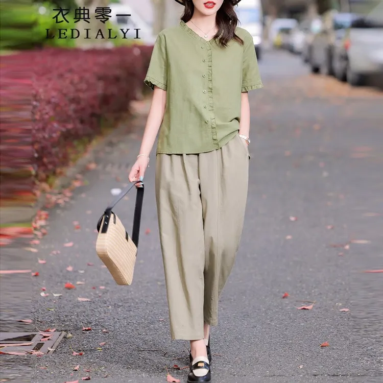 时尚减龄气质高级感棉麻两件套装女2025夏季女装新款休闲九分裤子