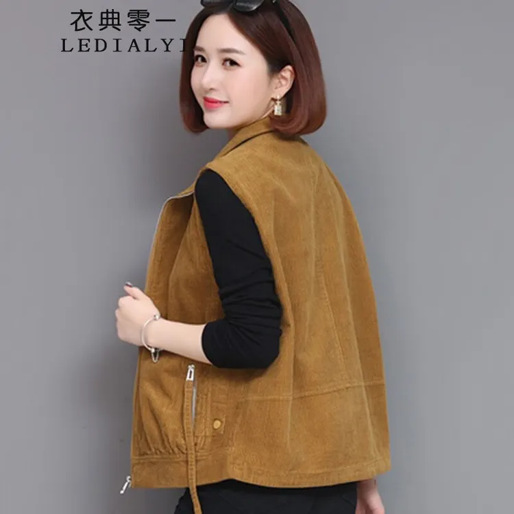 短款马甲女款外穿春秋新款中年大码外套潮流灯芯绒马夹背心坎肩