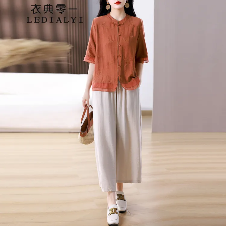 中年妈妈夏装套装女2025新款洋气减龄新中式休闲禅意气质款两件套