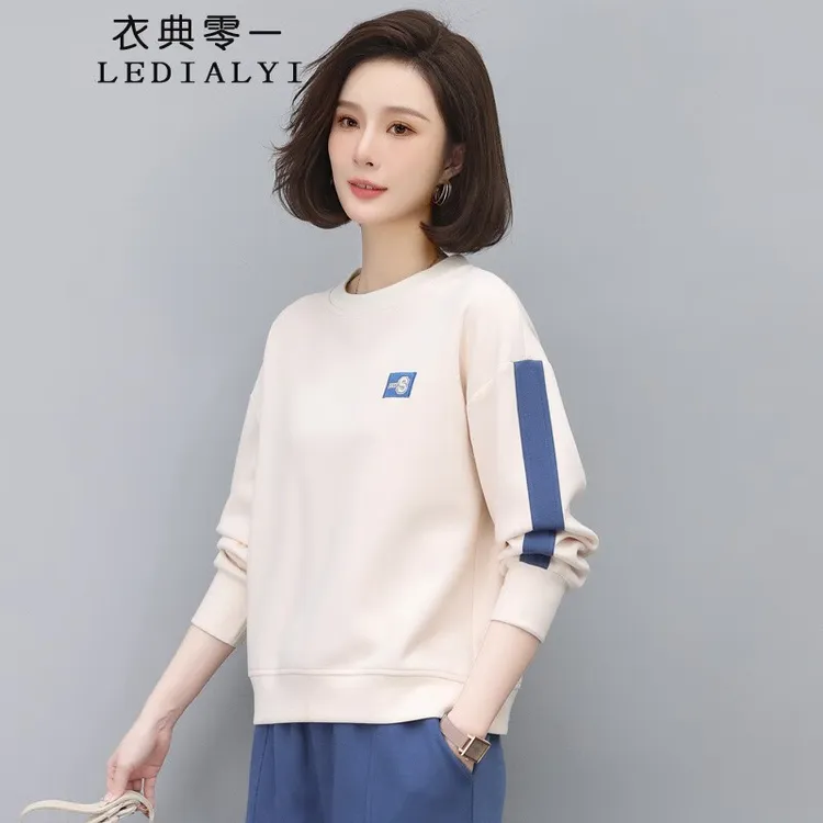 春秋季女装新款时尚宽松中年洋气小个子圆领卫衣女薄款套头衫上衣