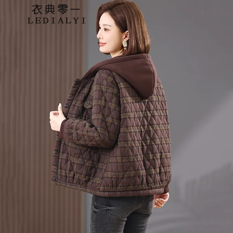 格子连帽棉服女短款2025冬季新款高端小个子中年加绒加厚小棉袄