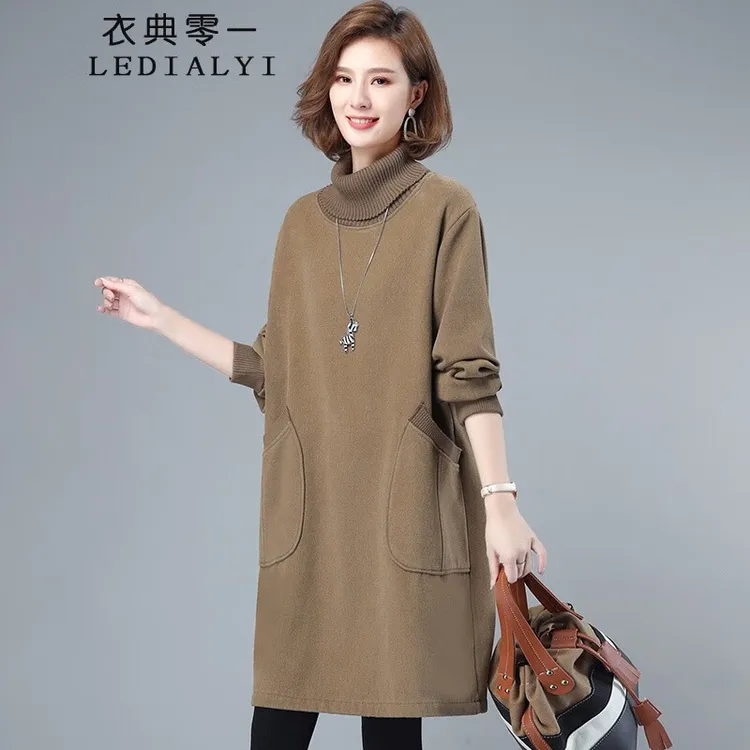 加绒加厚新款秋冬季女装时尚显瘦中年长袖高领中长款卫衣女打底衫