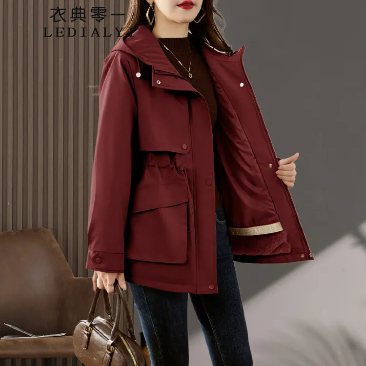 安可拉红加绒派克服外套女秋冬2025年新款大码中长款加厚棉衣棉服