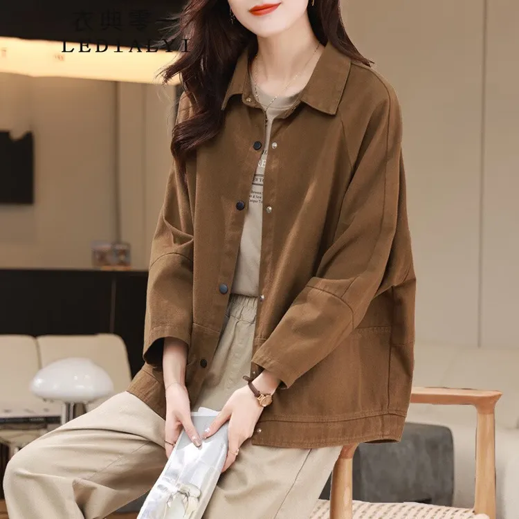 春秋季女装新款时尚百搭休闲宽松中年小个子短款衬衫上衣女薄外套