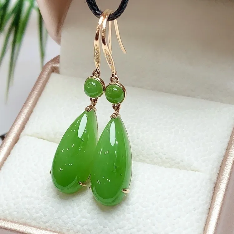 【精工镶嵌 正品质保】和田玉老坑碧玉18K金水滴耳钩时尚精品耳坠