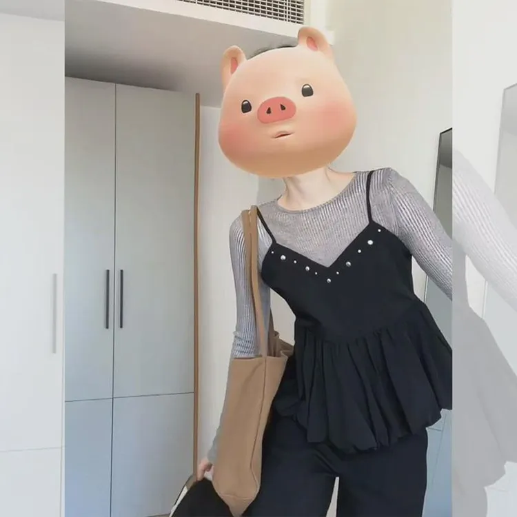 欧货漂亮时尚搭配一整套秋装高级感小洋装打底针织衫吊带两件套女