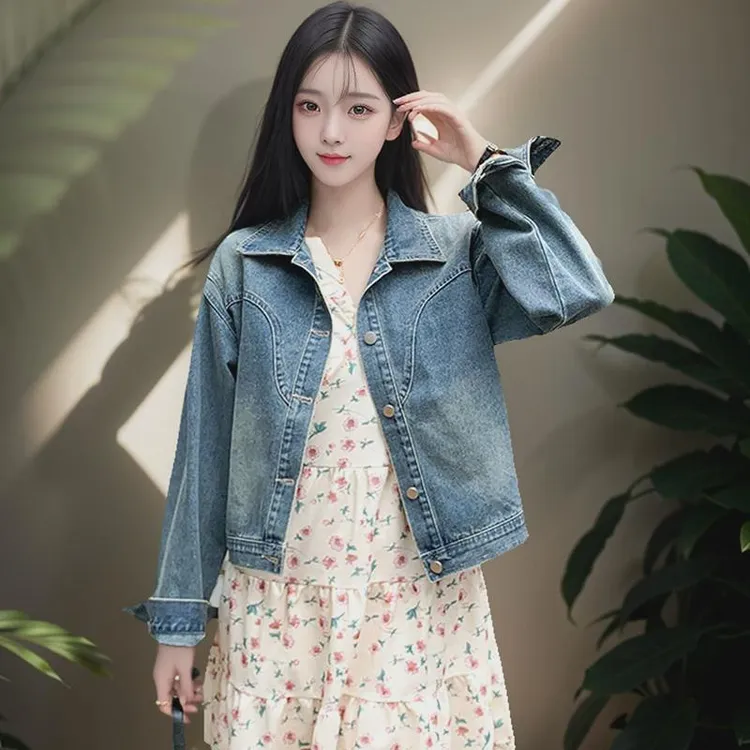 复古做旧牛仔短外套女春秋2024新款港风休闲宽松百搭长袖夹克上衣