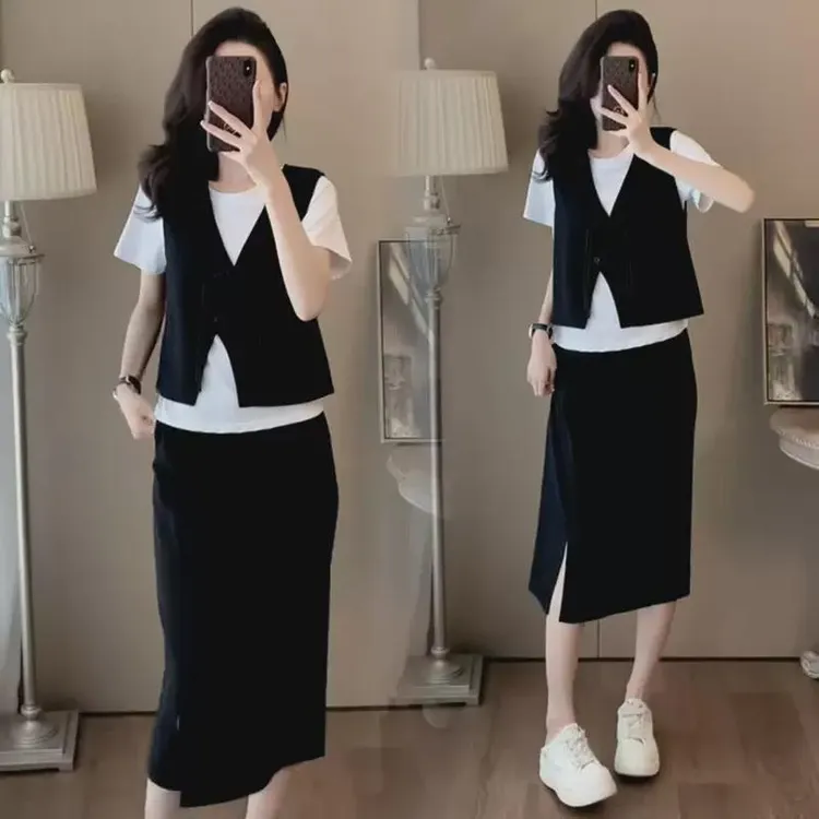 减龄遮肉时尚休闲马甲T恤半身裙子新中式国风三件套装裙女夏洋气