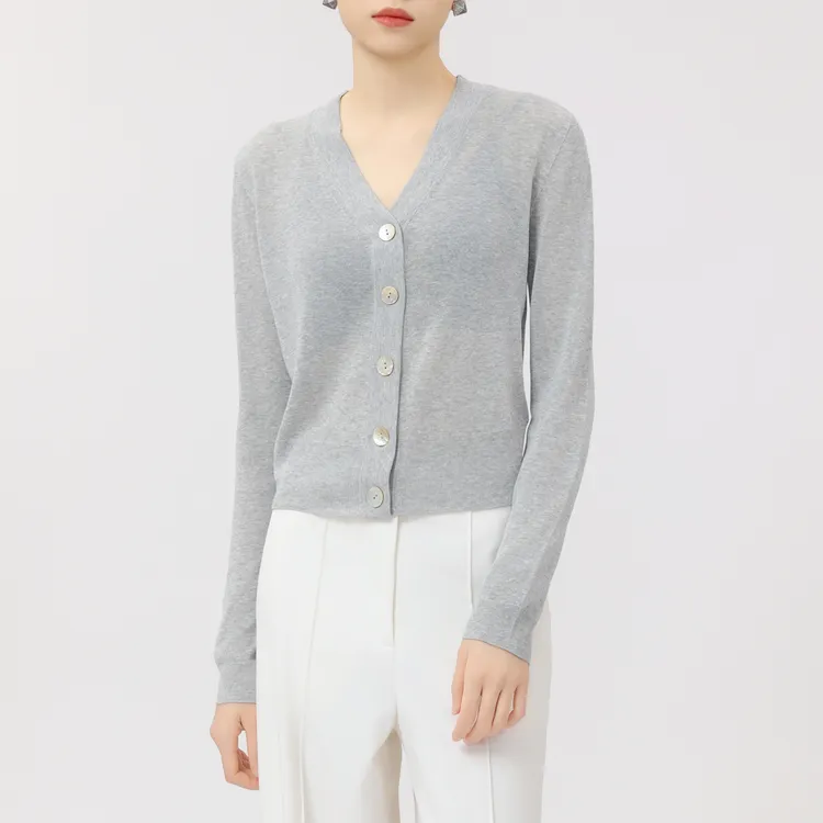 AMASS/阿玛施春夏气质百搭V领纯色冰丝显瘦长袖针织开衫女5499132