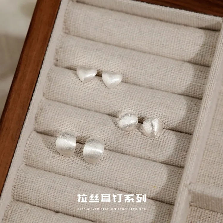 足银耳饰 999足银拉丝耳钉秋冬新款高级感轻奢简约精致法式耳饰