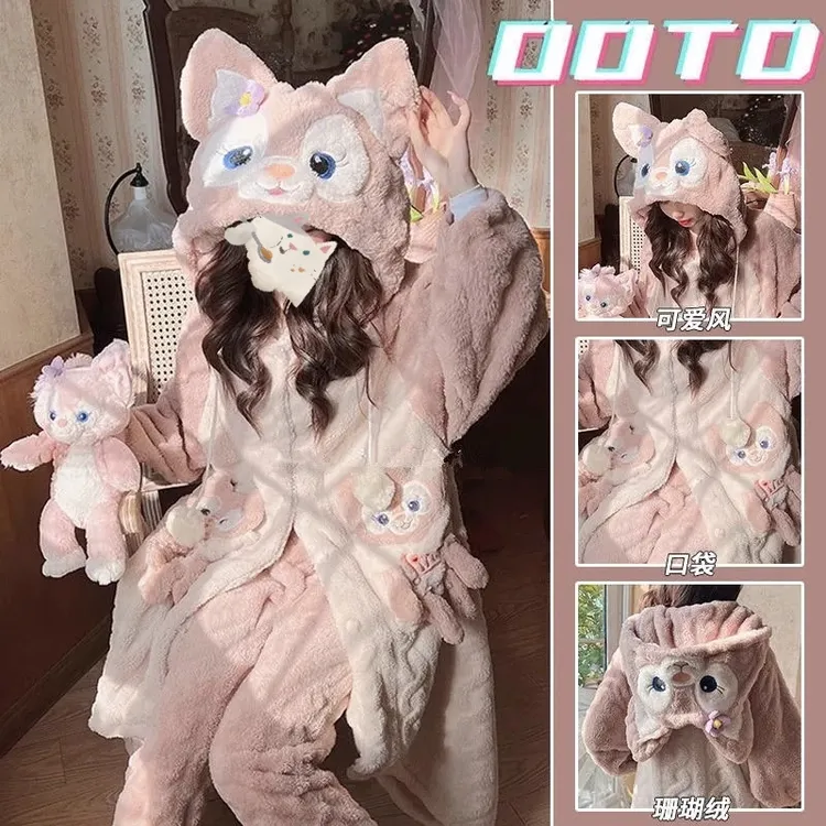 ins可爱玲娜贝儿睡衣女秋冬新款加绒加厚连帽睡袍外穿家居服套装