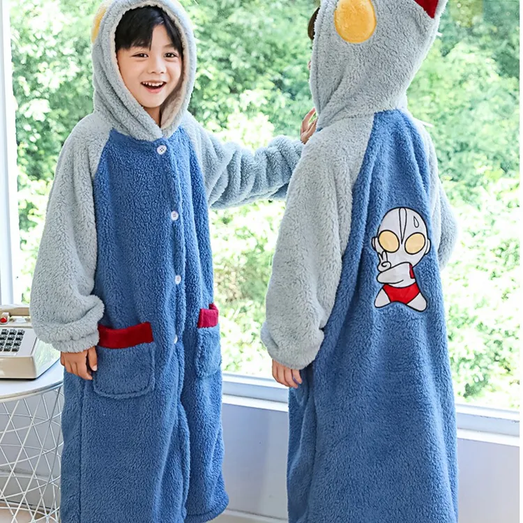 儿童睡袍秋冬季加厚法兰绒加长宝宝睡衣男童女童珊瑚绒浴袍家居服