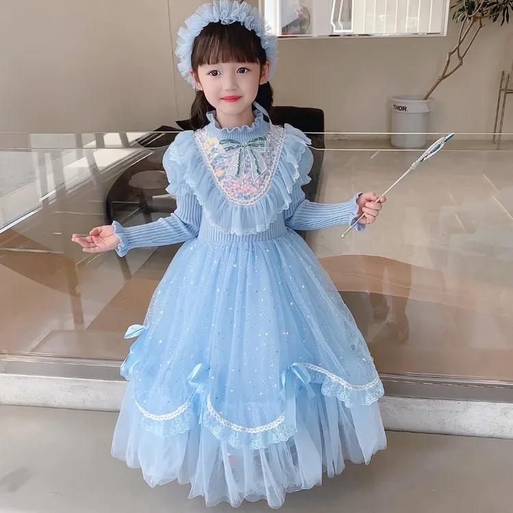 爱莎公主连衣裙艾莎女王生日礼服小女孩女童洋气毛衣裙儿童秋冬装