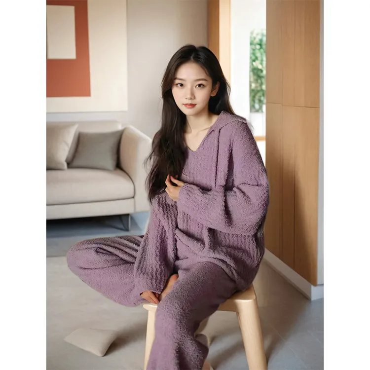 半边绒睡衣女秋冬季新款加绒加厚保暖珊瑚绒简约纯色可外穿家居服