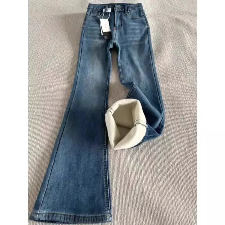 雪千羽加绒加厚复古微喇牛仔裤女2025年秋冬季高腰遮胯弹力马蹄裤