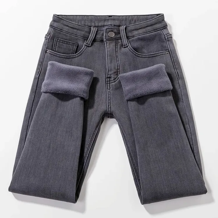 雪千羽烟灰色加绒牛仔裤女小脚铅笔裤显瘦冬季保暖加厚弹力紧身裤