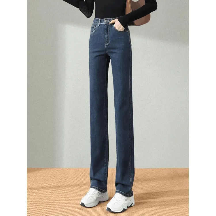 雪千羽加绒高腰窄版直筒牛仔裤女2025春秋新款显高弹力烟管长裤冬