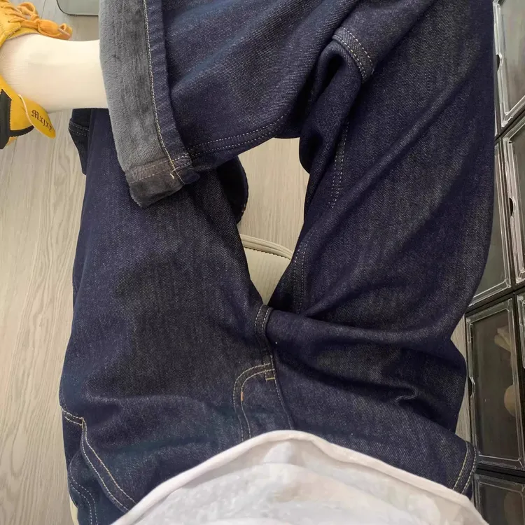 雪千羽深蓝色加绒宽松牛仔裤女秋冬新款美式高腰显瘦窄版阔腿裤子